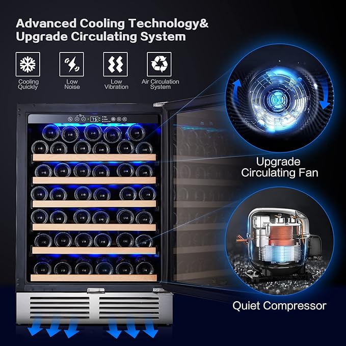 BODEGA Wine Fridge Freestanding, 24 inch Under Counter Wine Refrigerator, Champagne Cooler with App Control, Glass Door, for Kitchen, Bedroom, Home, Office, Holds 52 Bottles
