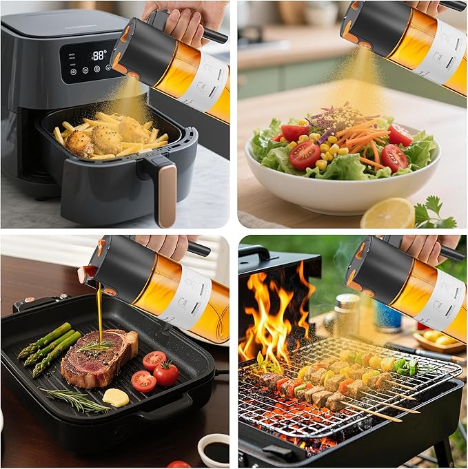 Upgrade 2 in 1 Oil Sprayer for Cooking, Olive Oil Dispenser Bottle for Kitchen Gadgets with Stickers, 17oz/500ml Food Grade Light-Blocking Glass Spray Bottle for Salad, Air Fryer, BBQ