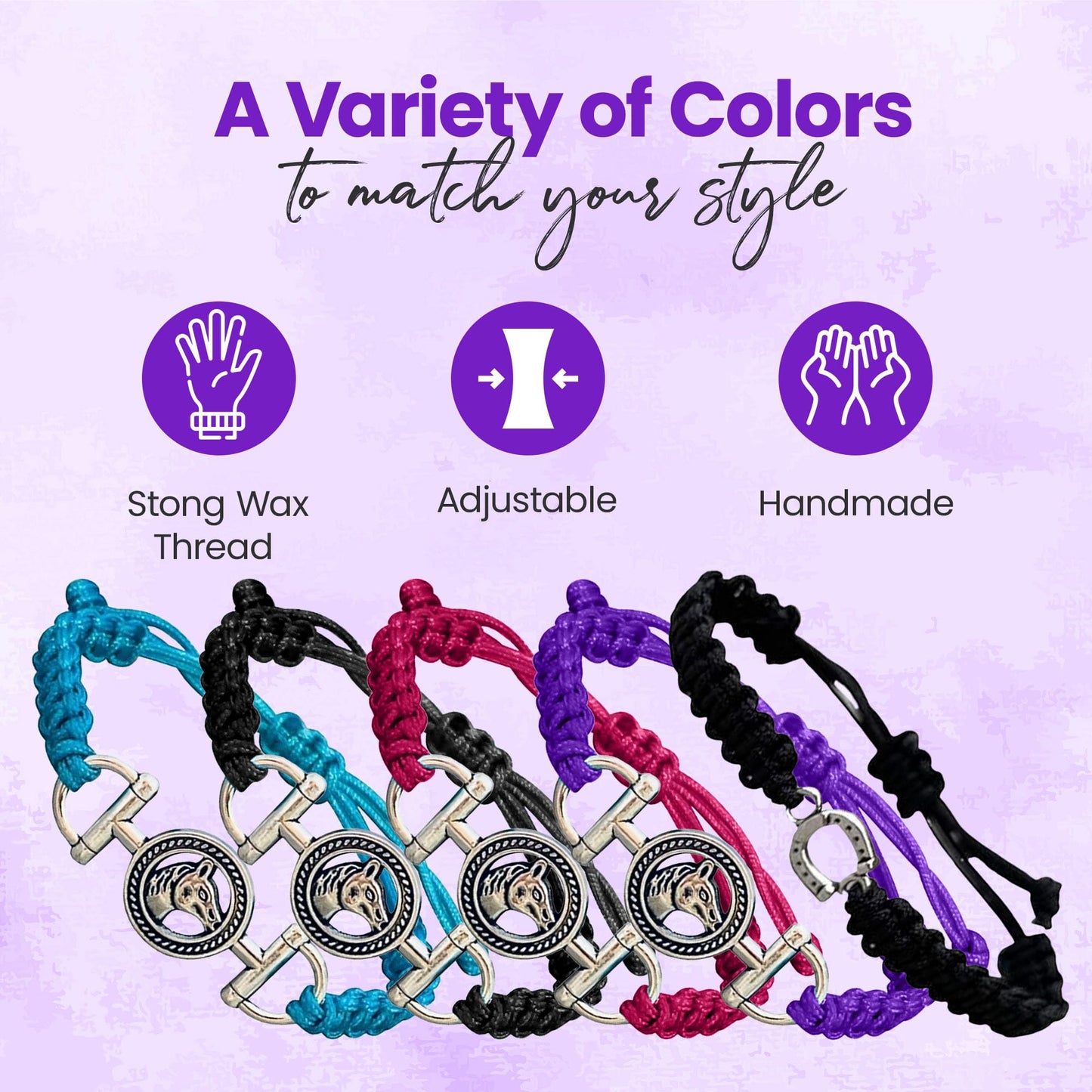 Sportybella Horse Bracelet - Purple Adjustable Rope Bracelet with Horse Bit Charm - Equestrian Jewelry, Gifts for Horse Lovers,