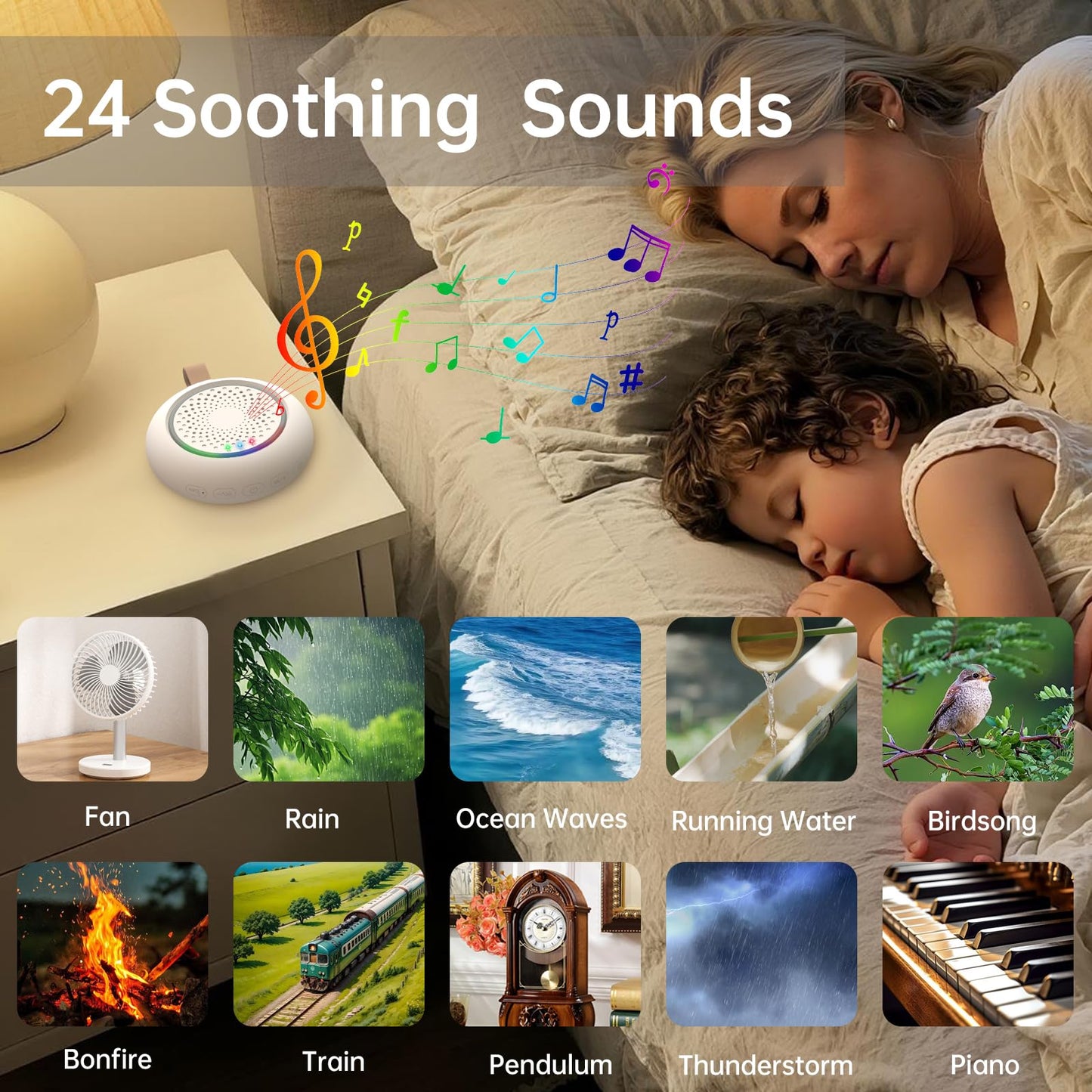 AMZSA White Noise Sound Machine for New Baby & Adults – 24 Sleep Sounds Including Rain, Green & Pink Noise, Portable Noise Canceling Sound with Timer, Night Light & Rechargeable, for Sleeping & Travel