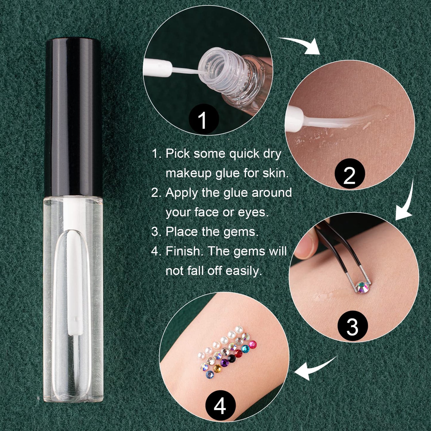 Flat Back Rhinestones&Pearls Kits Round Colorful Gems+Beige Pearls with Quick Dry Makeup Glue+Picker Pencil+Tweezer for Nail Art