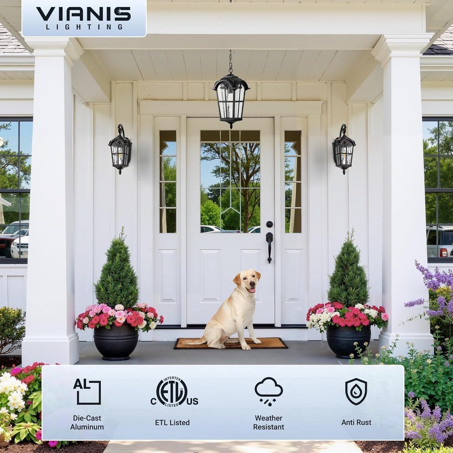 VIANIS 18.7'' Large Outdoor Pendant Lights, Black Hanging Porch Light Fixture, Aluminum Outside Ceiling Lights for House, Porch, Doorway, Vintage Style, Waterproof and Anti-Rust