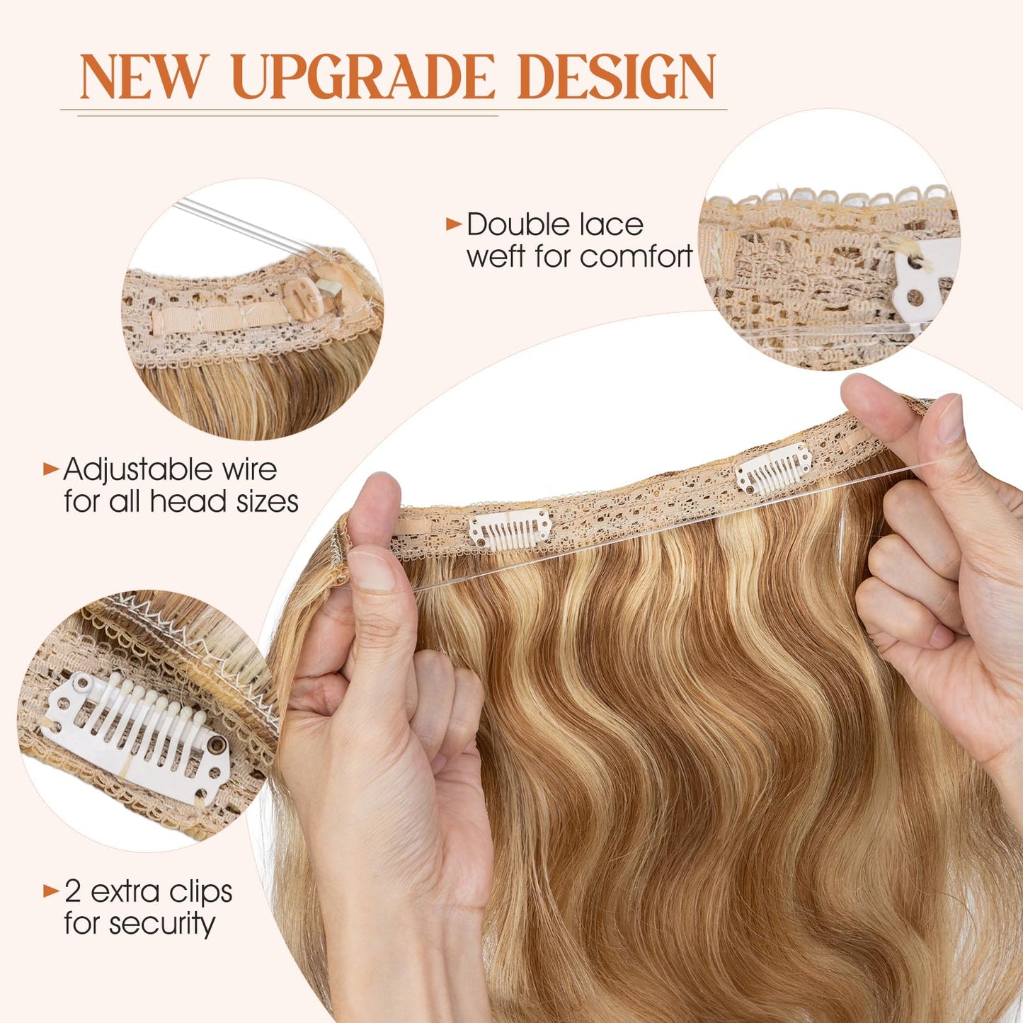 S-noilite Wavy Halo Hair Extensions Real Human Hair,16Inch Invisible Wire Hair Extensions,2 Clips Halo Extensions for Women(Gold