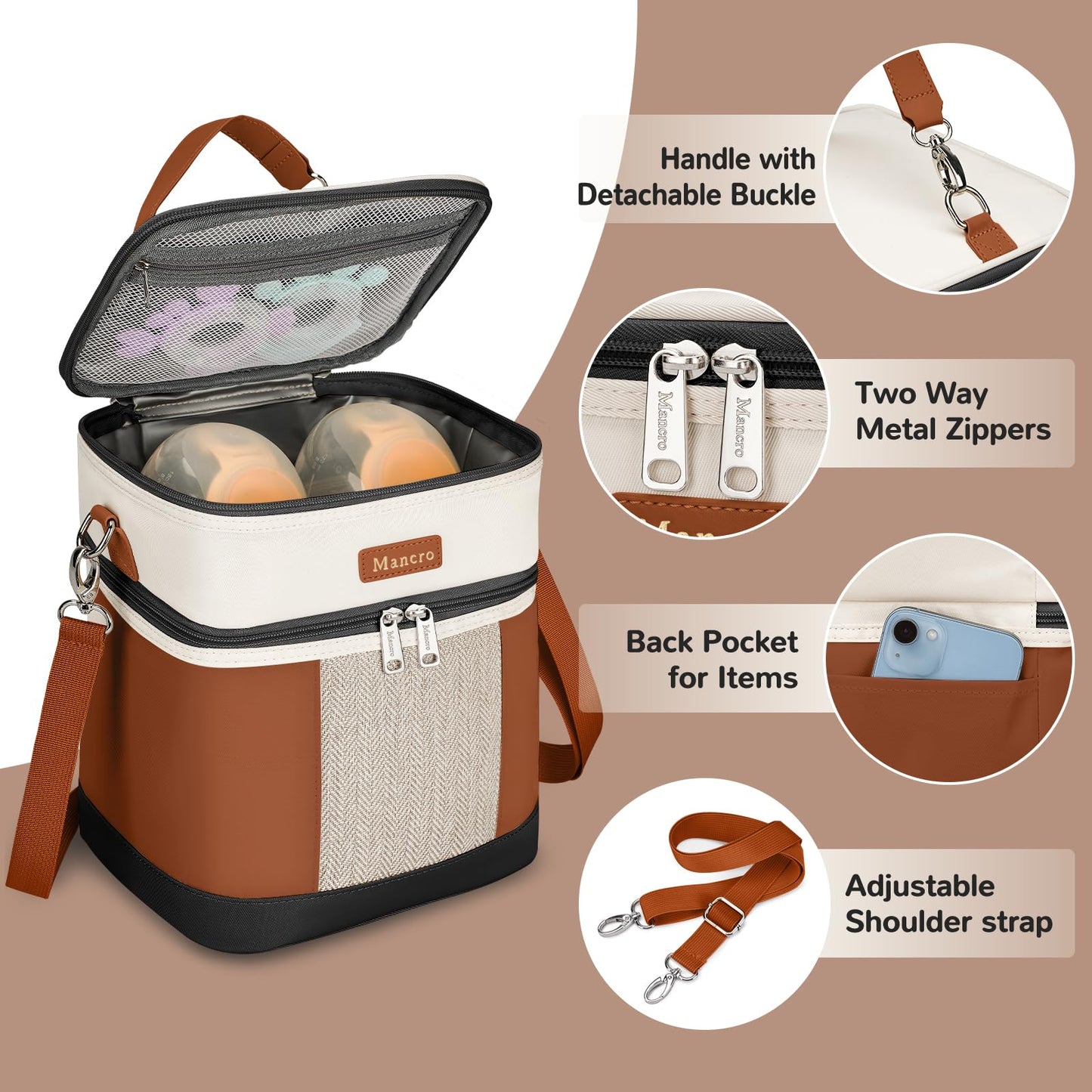 Mancro Breast milk Cooler Travel Bag Fits 6 Bottles Up to 9 Ounces，Double Layer Baby Bottle Cooler Bag with Ice Pack，Insulated Baby Bottle Bags for Daycare & Nursing Moms,Black and Brown