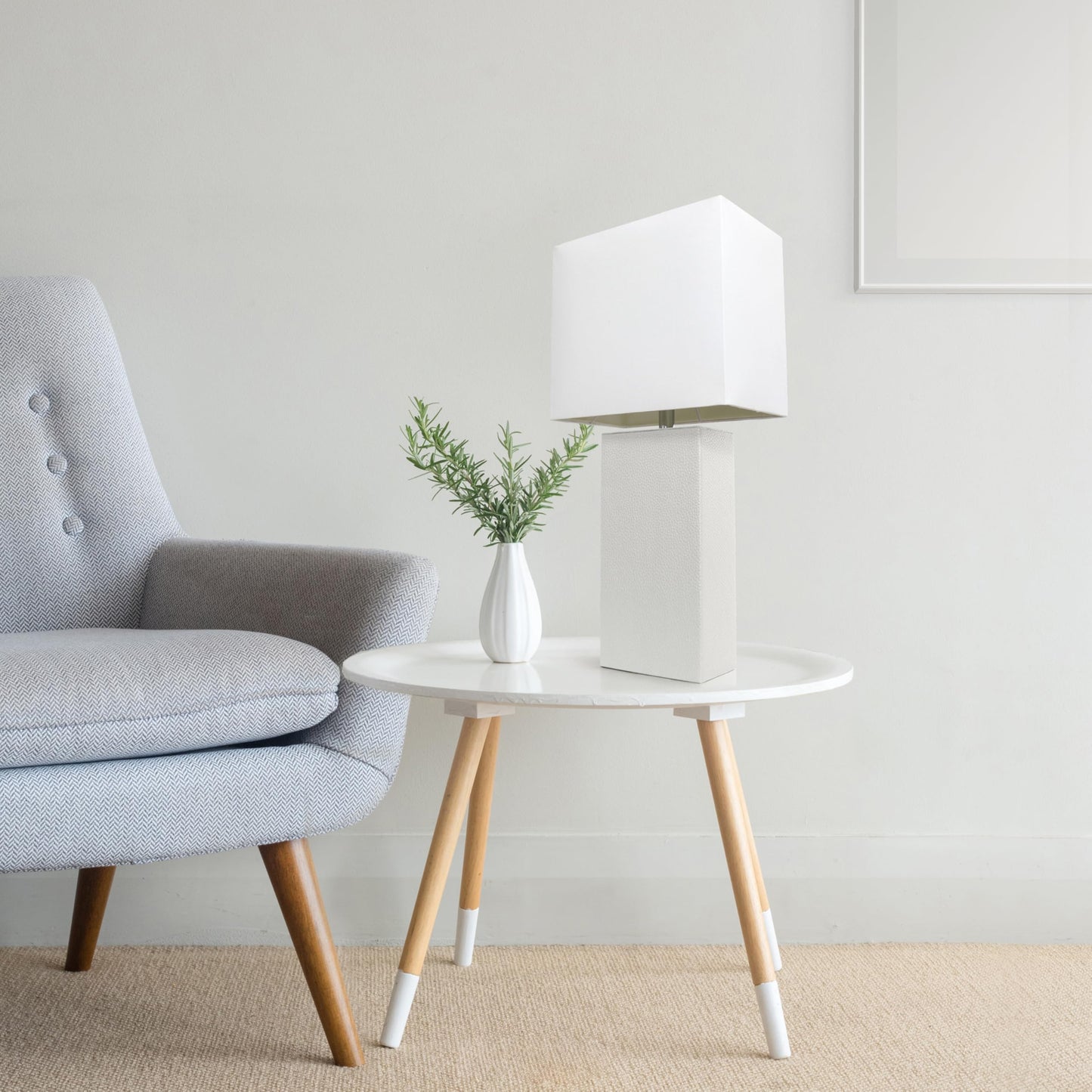 LALIA HOME Lexington 21in Leather Base Bedside Table Lamp, White Fabric Shade, Modern Décor for Living Room, Bedroom, Office
