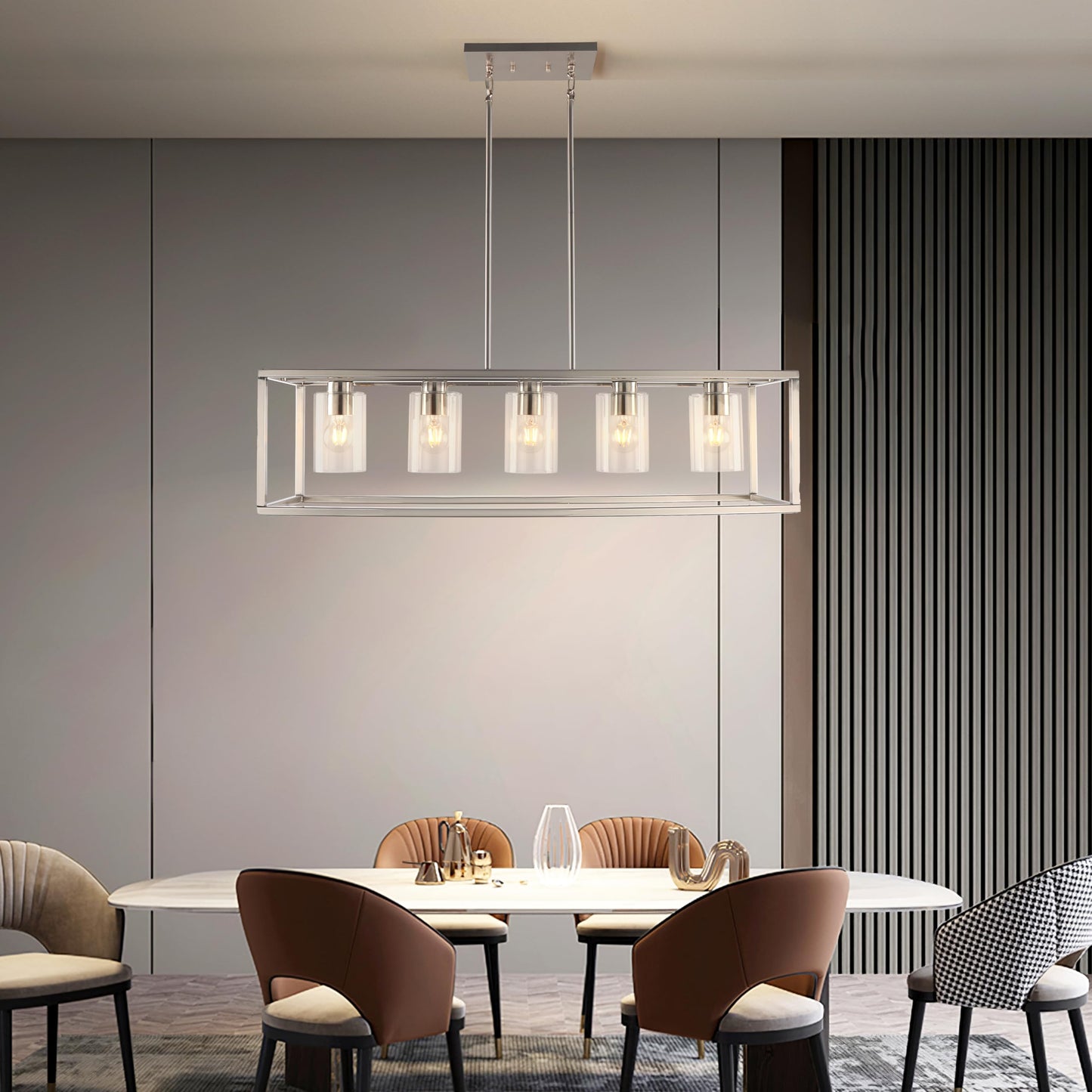 Chandeliers For Dining Room  5 Light Dining Room Light Fixture Modern Metal Industrial Kitchen Lighting Fixtures Ceiling Easy Installation Kalium Pendant Lights For Bar Restaurant-E26 Socket Sliver