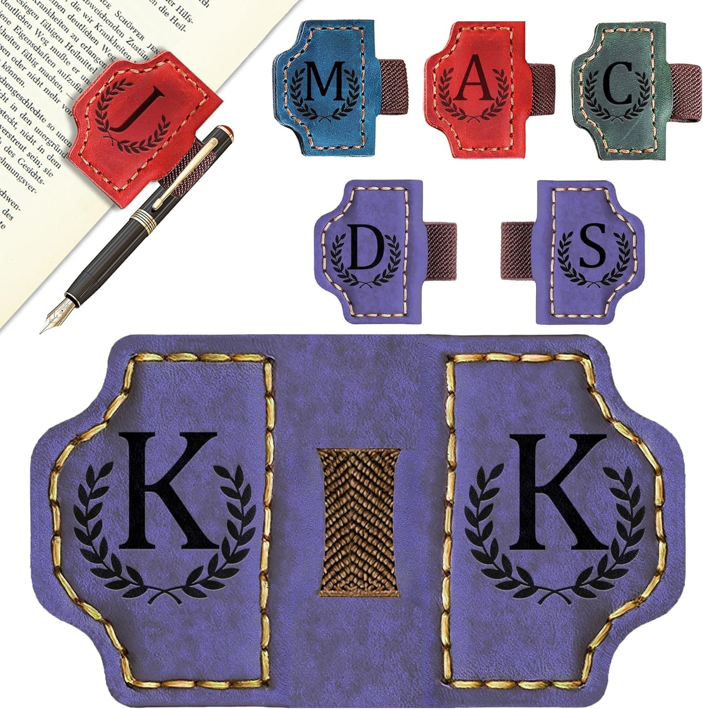 Bygone Mark Bookmark with Pen Holder, 26 Letters Name Initial Personalized Magnetic Bookmarks, Leather Book Mark for Men Women, Travelers Accessories, Teachers Readers Book Lovers Gifts (Purple, K)
