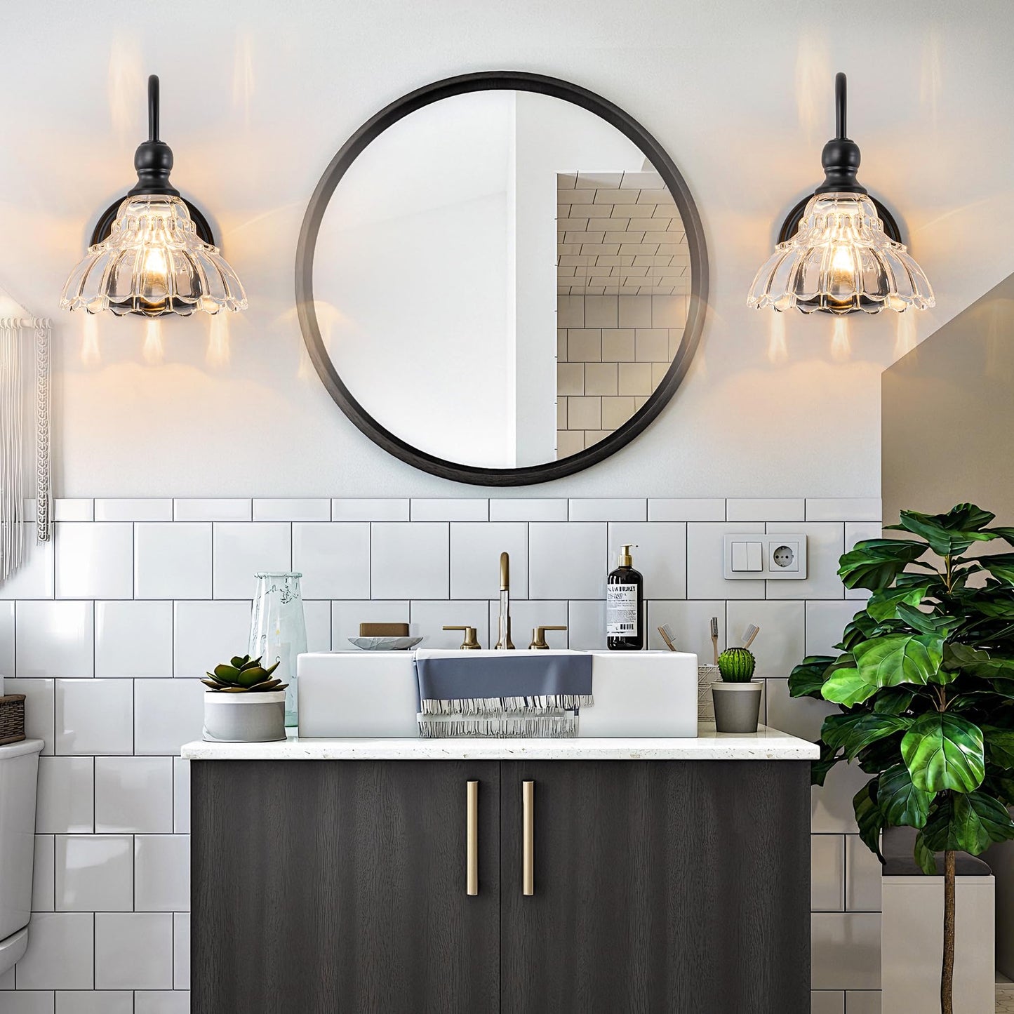 Brknit Vintage Bathroom Light Fixtures Over Mirror  1-Light Black Wall Sconce Lighting With Flower Glass Shade  Farmhouse Vanity Lights For Bedroom Kitchen Living Room Hallway Light