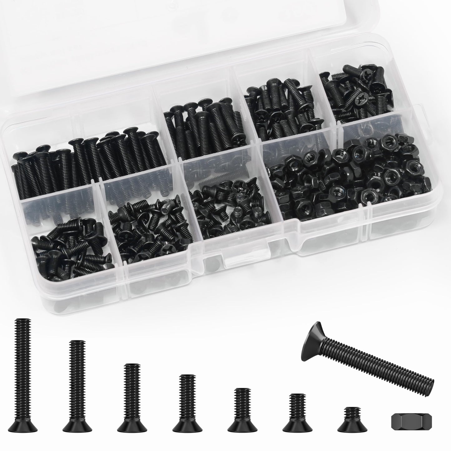 380 Pcs M3 Black Flat Head Machine Screws and Hex Nuts Kit Carbon Steel Countersunk Head Phillips Screws Bolts Assortment,M3 x 4mm/ 6mm/ 8mm/ 10mm/ 12mm/ 16mm/ 20mm