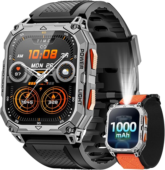Military Smart Watches for Men, 2.01" HD Smartwatch with 1000 mAh Battery/2 Straps/Answer/Make Call/Led Flashlight/Heart R...