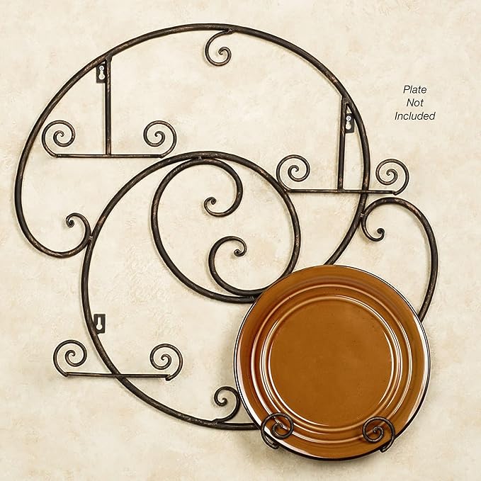 Laylla Wall-Mounted Plate Rack | Handpainted Antique Bronze Durable Powdercoat | Handcrafted Metal Display with Swirling Scroll Accents | Holds 4 of Your Decorative 9 to 12 Inch Round or Square Plates