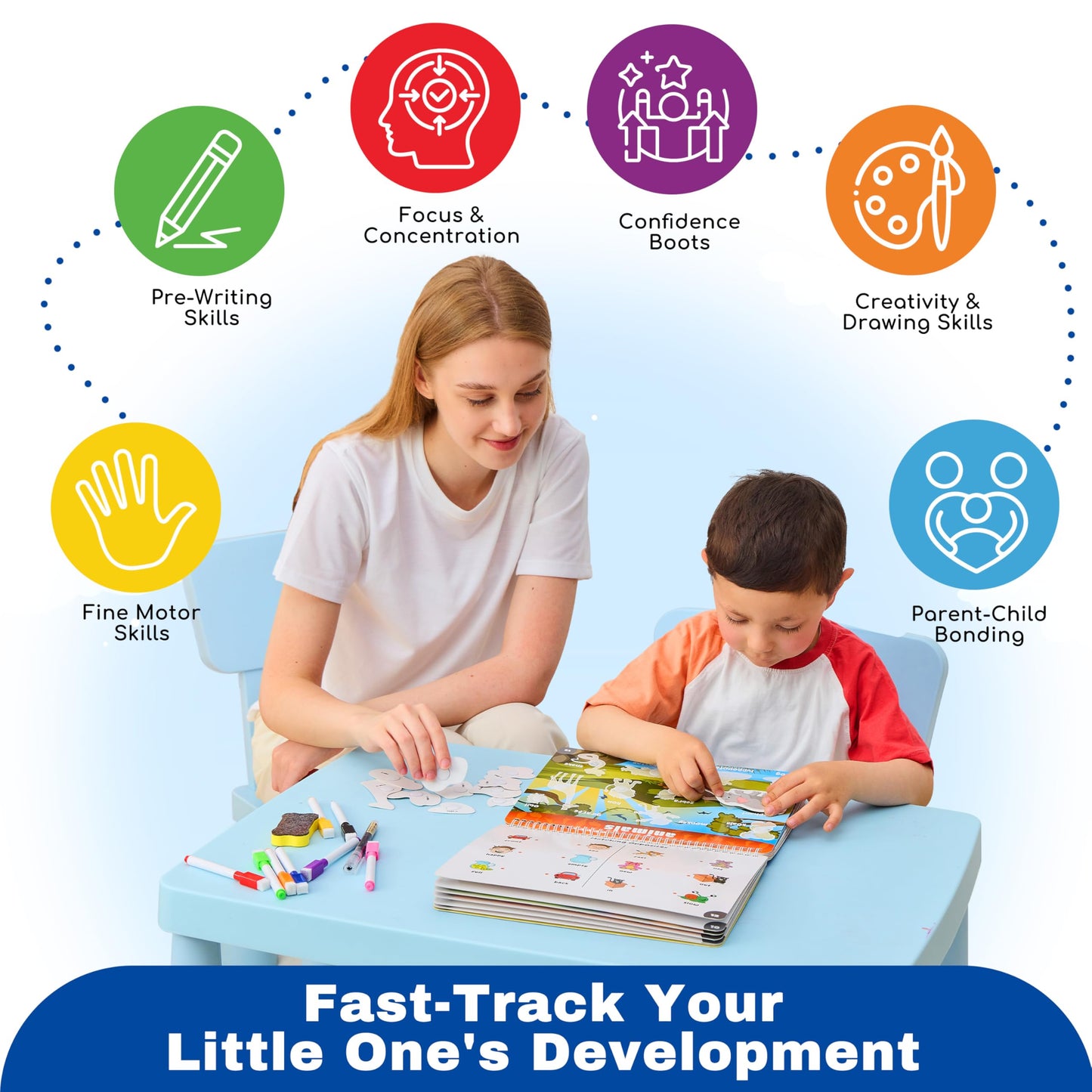 MENKRISE Montessori Busy Book for Toddlers 3–5 | Preschool Learning Activities | Educational Toddler Book with 14 Themes, 15 Drawing Pages & Guided Stickers | Fine Motor Skills Toy & Travel Activity