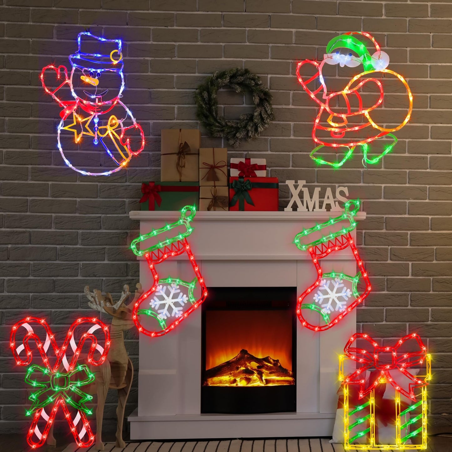 Trwymz 16 Christmas Window Silhouette Lights - 4 Pack Colour Lighted Christmas Stocking & Candy Cane & Gift Box & Santa For Holiday Indoor And Outdoor Wall Door Window Decorate