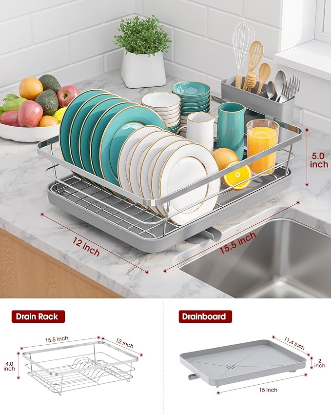 Stainless Steel Dish Drying Rack for Kitchen Counter, Sink Organization and Storage Essentials with Silverware & Utensil Holder, Home and Apartment Decor, 12''W x 15.5''L, Silver