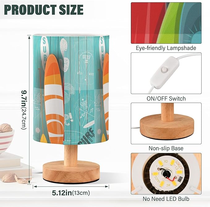 Table Lamp Colorful Surfboard Palm Tree Graphic Blue Wooden Summer Ocean Nightstand Lamp with Wood Base Fabric Lamp Shade Bedside Desk Lamp for Living Room Bedroom Kids Room Office