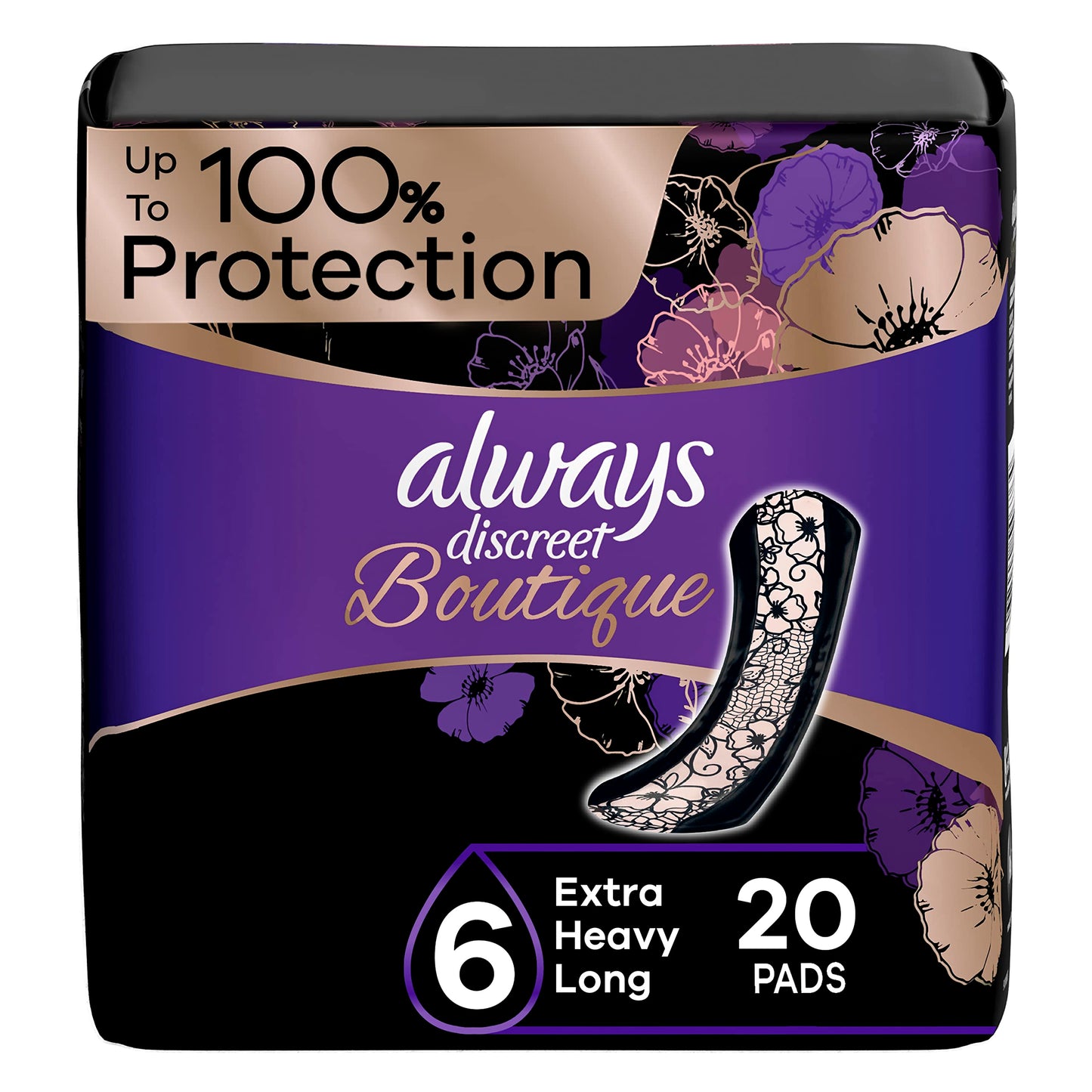 Always Discreet Boutique Incontinence Pads, Size 6, Extra Heavy Absorption, Long, 20 Pads