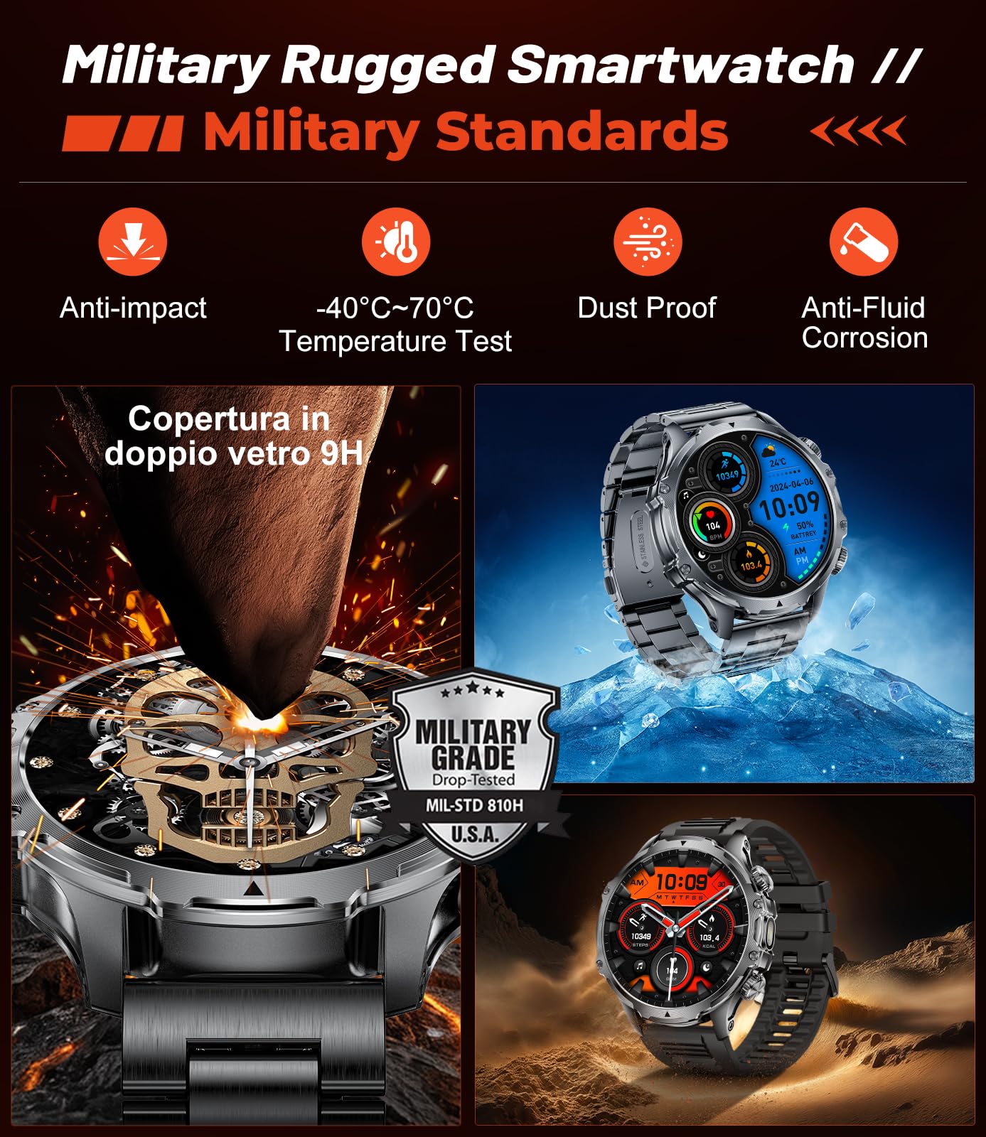 HIRREO Military Smart Watch for Men, 1.85'' HD Large Screen Smartwatch, Flashlight/IP68 Waterproof/800mAh/Pedometer/100+ Sports Fitness Tracker, Mens Smart Watches for Android iPhone Compatible