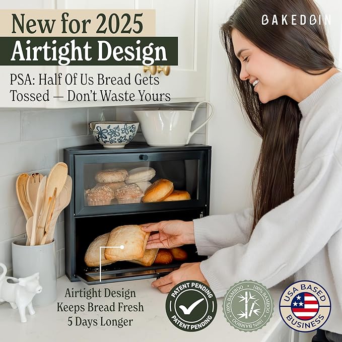 Corner Bread Box for Kitchen Countertop - New 2025 Airtight Design - Extra Large, Double Layer Black BreadBox, Vintage Storage for Homemade Bread, Under Cabinet Organizer