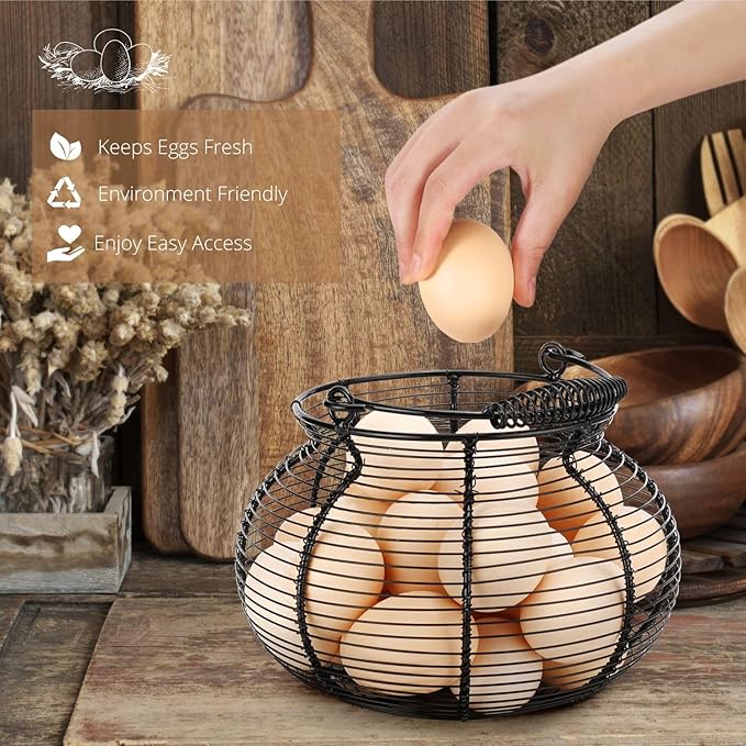Flexzion Round Wire Basket - Chicken Egg Holder & Fruit/Vegetable Basket, Black, Rustic Farmhouse Style with Handle