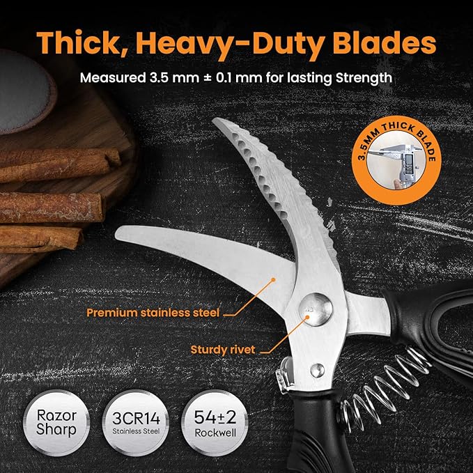 Poultry Shears, Kitchen Shears Heavy Duty for Food With Anti-Slip Handle & Safety Lock, Meat Scissors, Chicken, Lobster, Quail, Fish, Food Cutting Scissors, Bone Cutter - Spring Loaded