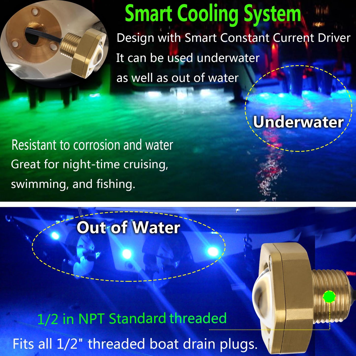 NBWDY Boat Drain Plug Light - IP68 Waterproof LED, 4100LM, Remote Control, Blue, 1 Pcs