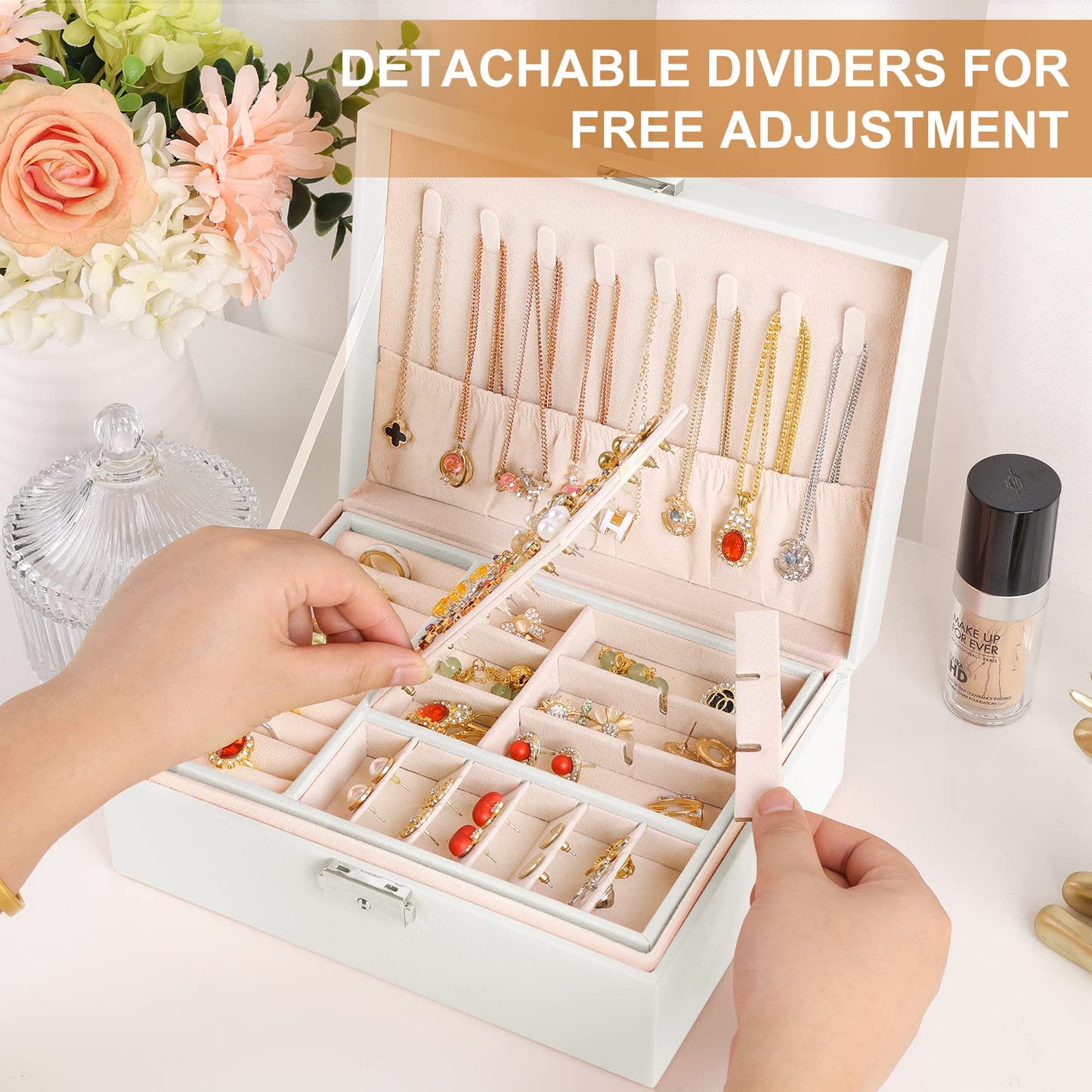 Jewelry Box Organizer for Women Girls 2 Layer Leather Travel Jewelry Storage Case with Lock and Removable Tray for Necklace Earr