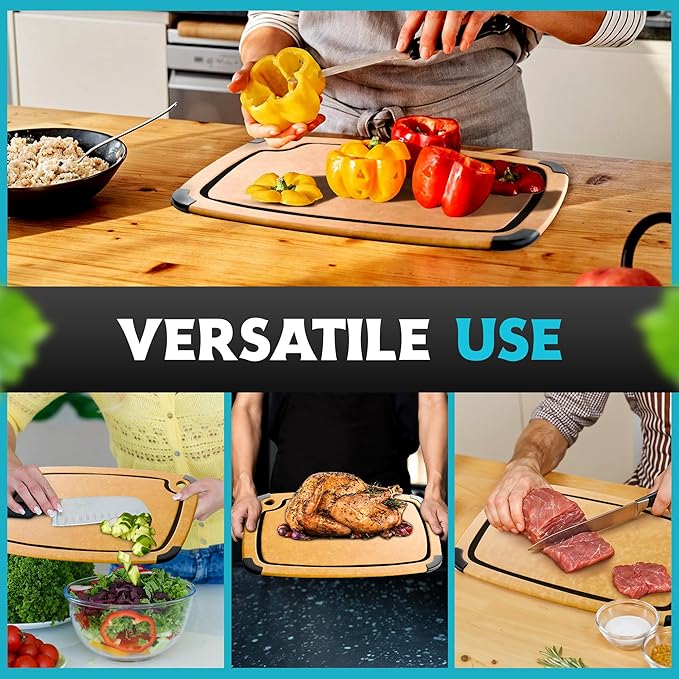 Dishwasher Safe Cutting Boards for Kitchen Set - Large Composite Wood Cutting Boards (14.5" x 11" & 11.7" x 9.3") Non-Slip & Juice Groove - Thin & Lightweight Eco-Friendly - Natural w Black Grooves