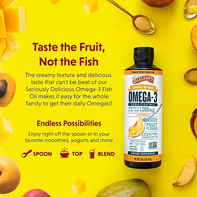 Barlean's Mango Peach Omega 3 Fish Oil Liquid Supplement with Vitamin D, 1080mg EPA & DHA Fatty Acid, Smoothie Flavored & Burpless for Brain, Joint, & Heart Health, 16 oz