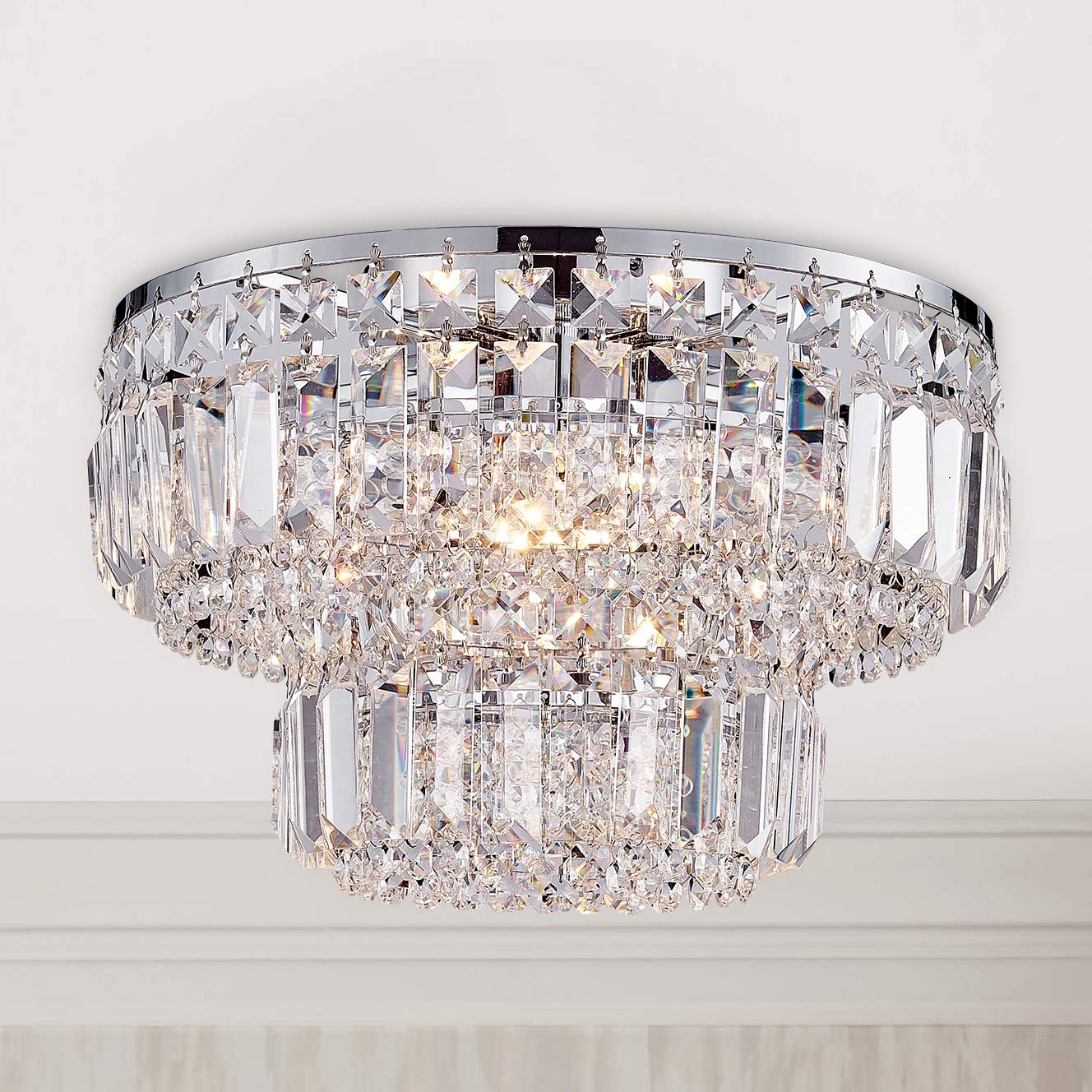 Bestier Modern Chrome Crystal Flush Mount Chandelier Light, Led, 13 X 9, 4 G9 Bulbs Required, Ideal For Dining Room, Bathroom, Living Room