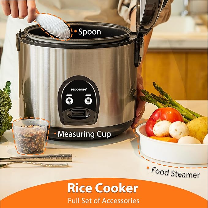 Electric Rice Cooker with One Touch for Asian Japanese Sushi Rice, 10-cup Uncooked/20-cup Cooked, Fast&Convenient Cooker with Steamer, Stainless Steel Housing and Auto Warmer