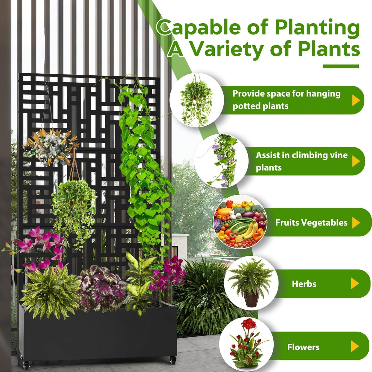 Metal Planter Box with Trellis,71”Raised Garden Bed with Trellis Privacy Screen and Drainage.Wheeled for Patio Flexibility,Perfect for Climbing Veggies/Flowers.DIY-Friendly Design