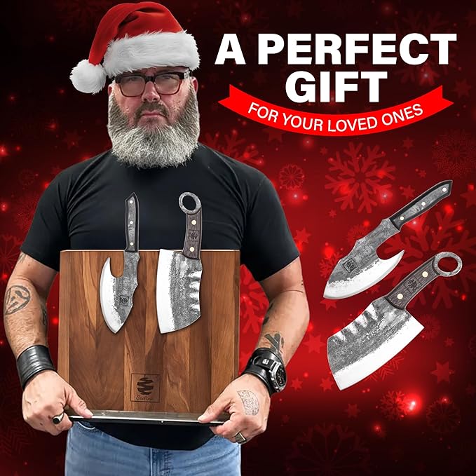 COOLINA Vikings Duo Butcher & Cleaver Knife Set - Hand-Forged High-Carbon Steel, Razor Sharp, Full Tang, Wood Handle, Perfect for BBQ, Meat & Veggies, Great Gift for Grill Masters