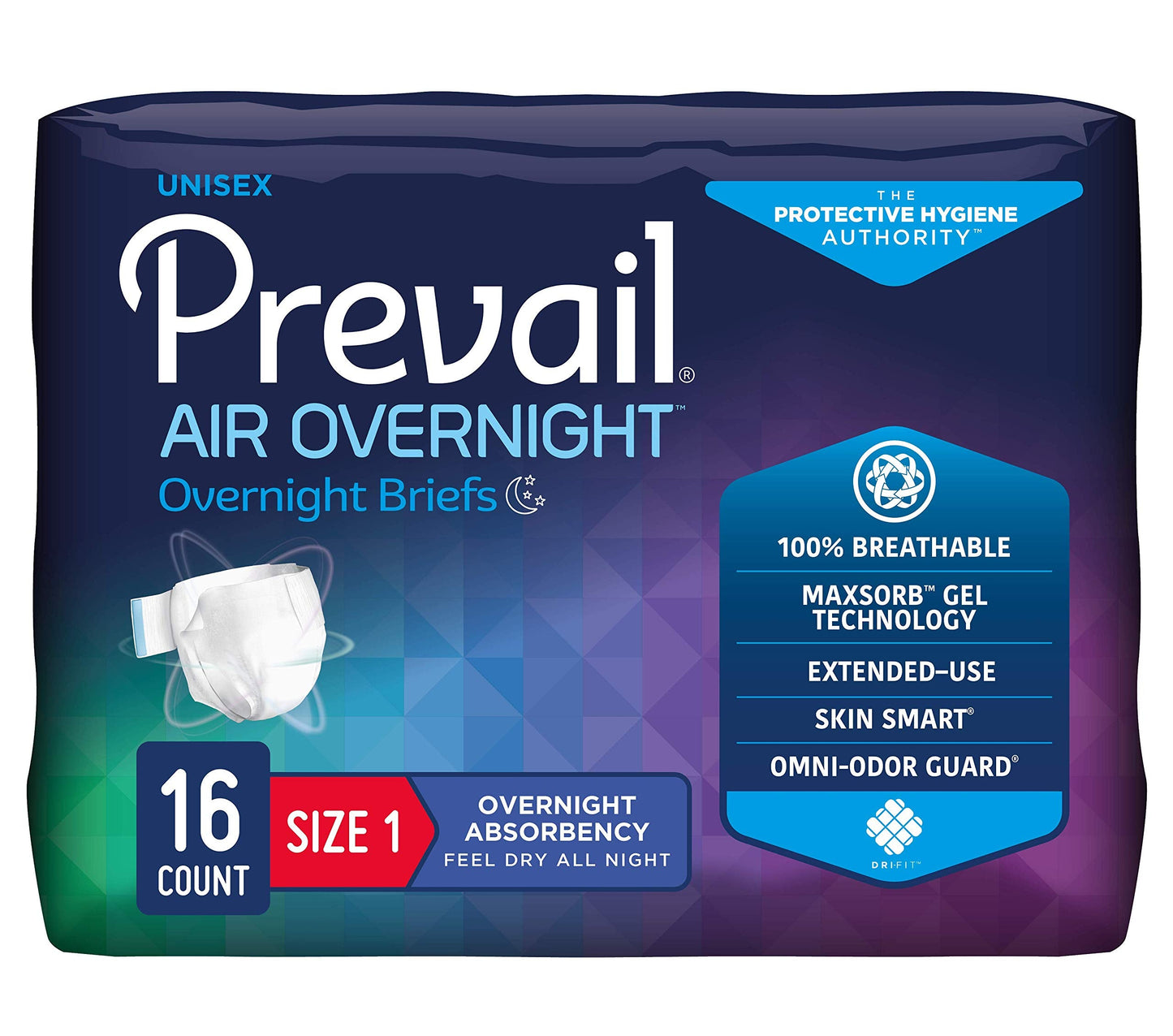 Prevail AIR Overnight Incontinence Briefs with Tabs - Unisex Adult Disposable Diaper with Overnight Absorbency - Size 1, 20 Count Bag