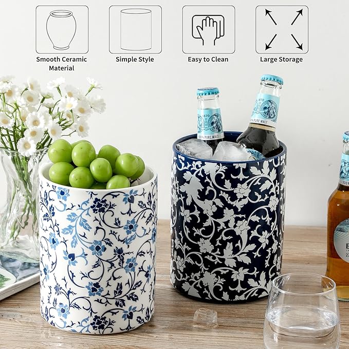 Kitchen Utensil Holder for Tools, Spatula Holder Extra Large Utensil Crocks for Countertop, Blue and White utensil holder Ceramic Apartment Essentials (7.2in×6.2in