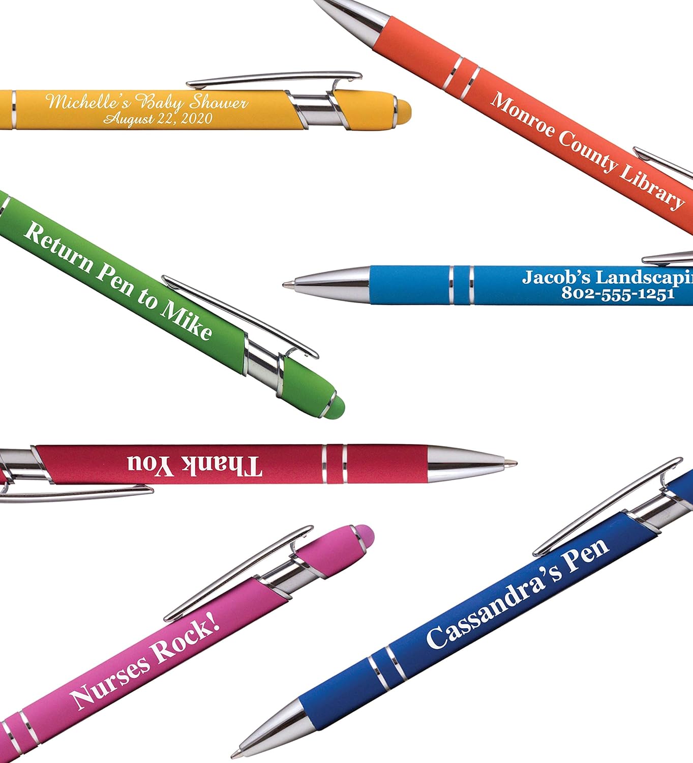 ExpressDesigns™ - Premium Custom Pens with Stylus | Burst of Color | Personalized Soft Touch Metal Printed Name Pens w/Black Ink - Imprinted w/Logo or Message - 12 pcs/pack (Yellow)