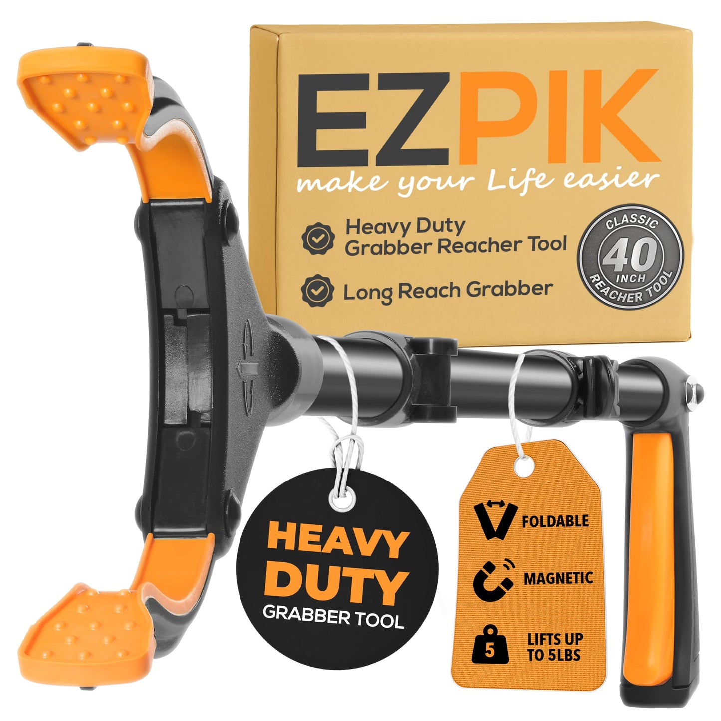 EZPIK Classic 40” Folding Grabber Reacher Tool with Dual Magnets, Heavy Duty Trash Picker Upper Grabber for Seniors & Disabled Users, Aluminum Pickup Tool for Everyday Reaching Aids (Black)