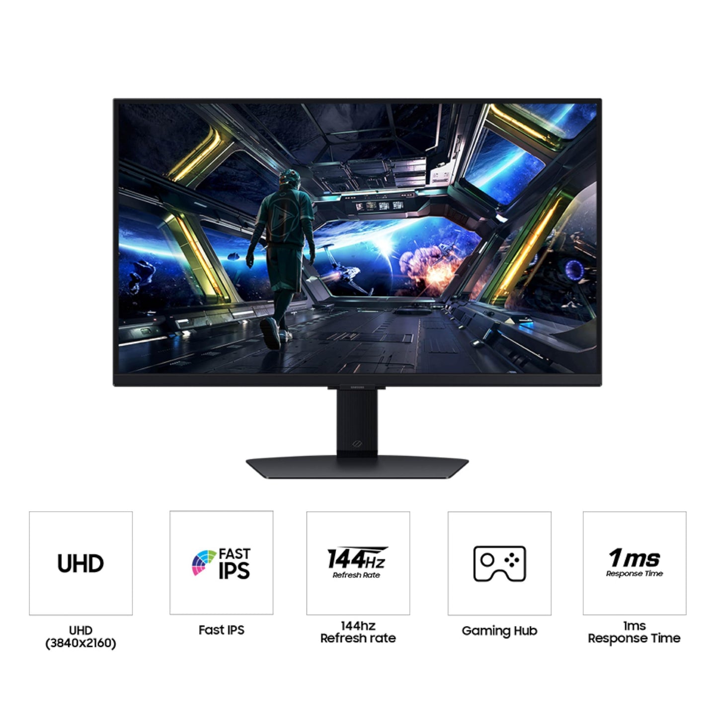 Samsung 27” Odyssey G7 (G70D) 4K UHD IPS 144Hz 1ms(GtG) Smart Gaming Monitor, G-Sync Compatible, AMD Freesync Premium, Vivid Colors, Adjustable Stand, Black Equalizer, LS27DG702ENXZA