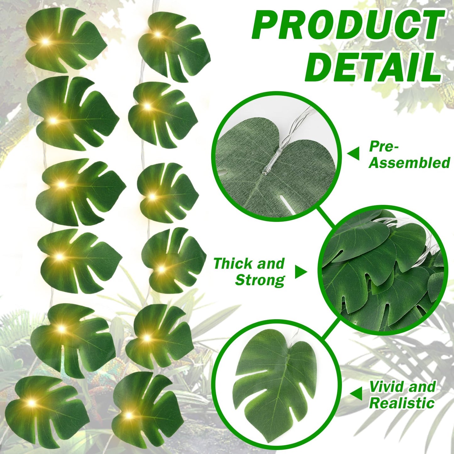Wohserom 2 Pack Monstera Leaf String Lights  3M/9.8Ft 20 Led Tropical Artificial Palm Leaves String Lights Wall Hanging Vine Leaf For Hawaiian Luau Party Jungle Theme Beach Birthday Home Decorations