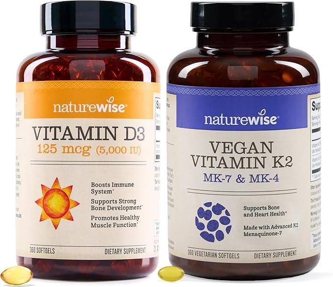 NatureWise Vitamin D3 5000IU (125mg) 360 Count + Vitamin K2 MK-7 100mcg and MK-4 500mcg 90 Count - Bundle for Bone & Heart Health - Gluten Free, Non-GMO, Halal Gelatin- 1 Year Supply