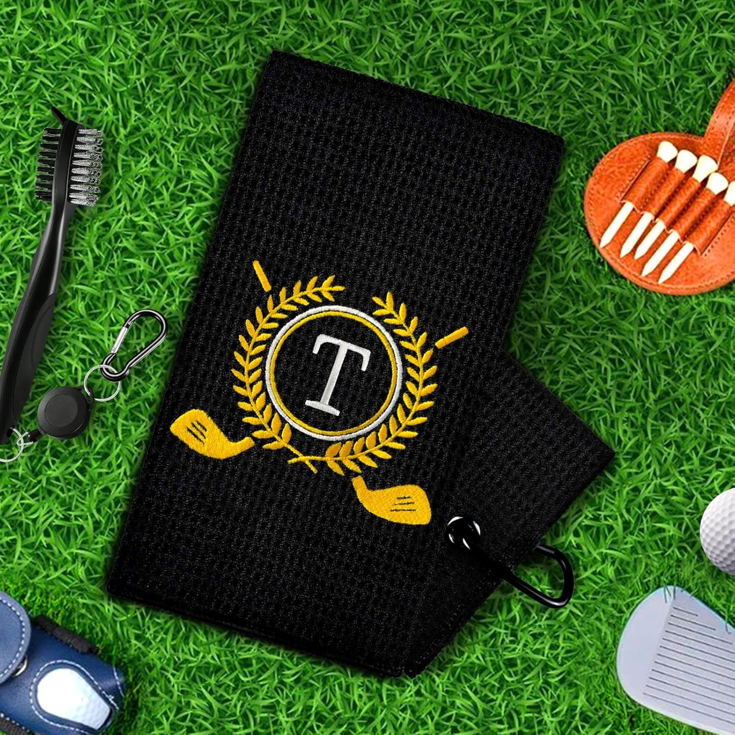 Personalized Golf Towels for Golf Bags - Microfiber Monogrammed Golf Towels for Men/Women, Retractable Brush Tool Kit with Club Groove Cleaner, Custom Golf Accessories for Golfers (Initial T)