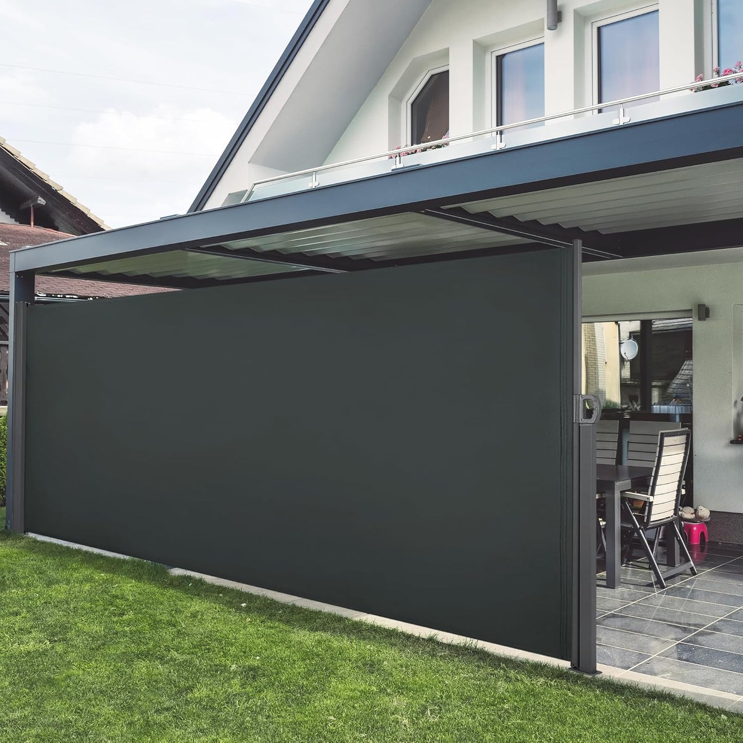 Macrout Retractable Side Awning for Patio & Balcony – Waterproof UV-Resistant Outdoor Privacy Screen, Folding Wind Block for Deck, Porch, Garden (Dark Grey, 118" x 63")