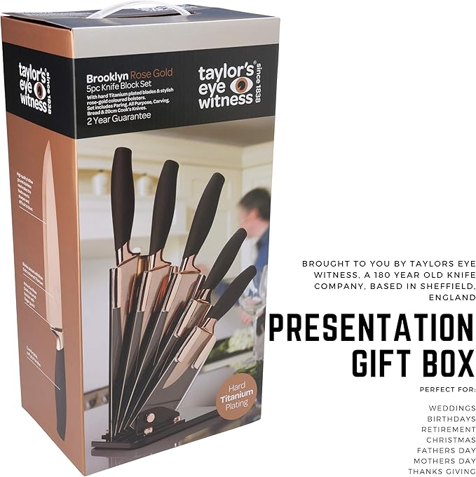 5pc Kitchen Knife Set & Block - Brooklyn by Taylors Eye Witness. Rose Gold Coloured Bolsters, Finely Ground Razor Sharp Titanium Coated Matching Blades. Soft Grip Handles. Modern Fan Shaped Holder.