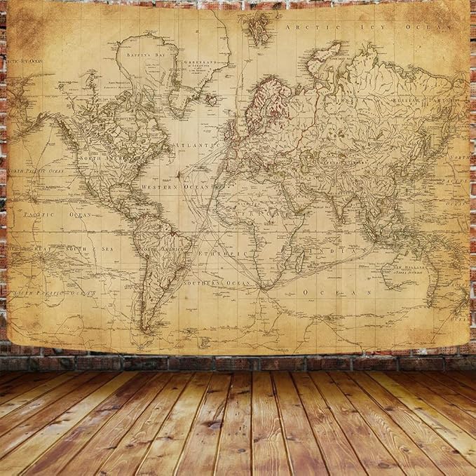 Old World Map Tapestry, Vintage Geographical Distribution Wall Hanging, Brown Historical Atlas Educational Poster for Wall Classroom Bedroom Living Room Office 60x40 Inch