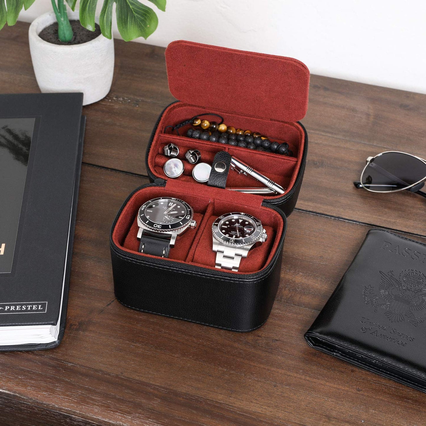 ROTHWELL 2 Watch Travel Case Storage Organizer for 2 Watches | Tough Portable Protection w/Zipper Fits All Wristwatches & Smart