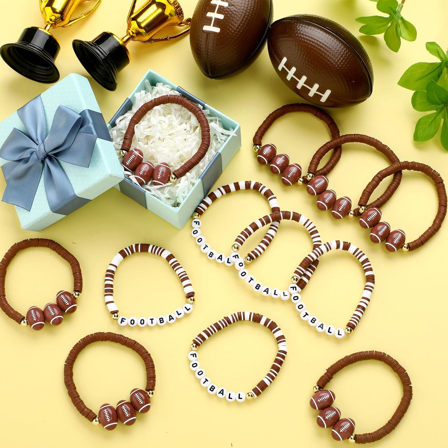 Huquary 24 Pack American Football Team Gifts Letter Clay Beaded Bracelet Bulk American Football Party Favors Brown White Adjusta