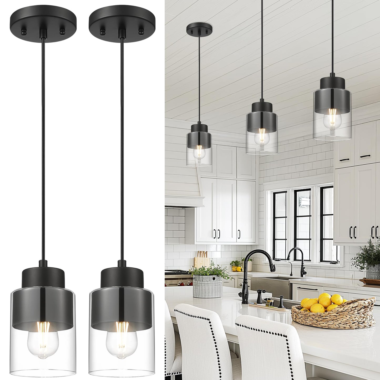 Audickic 2-Pack Pendant Lights Kitchen Island  Dual Shade Hanging Lights Fixtures With Metal And Clear Glass  Modern Matte Black Kitchen Pendant Lighting Over Island For Dining Room  Ad-24022-1P2-Bk