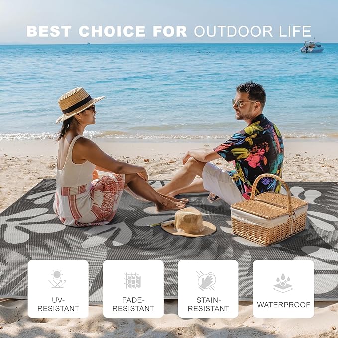 wikiwiki Outdoor Rug, 6x9ft Waterproof Reversible Mat Indoor Outdoor Rugs Carpet, Small Area Rug Plastic Straw Rug for Patio Deck Balcony Pool RV Camping Beach Picnic, Grey Leaves, Rugscape Series