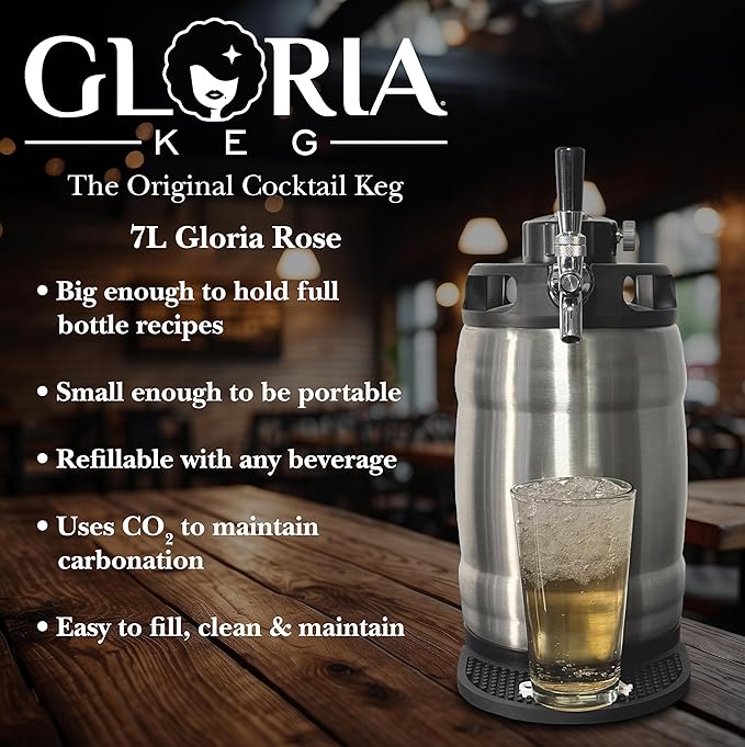 Gloria Rose 7L (1.8 Gal) Mini Keg, Pressurized Keg for Drinks, with Tap System, Co2 Regulated, Stainless Steel