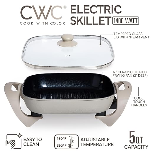 COOK WITH COLOR Electric Skillet - 12" x 12" Ceramic Nonstick Pan, PFAS-Free, 1400W, Tempered Glass Lid, Variable Temperature, Removable Heating Probe, Cool-Touch Handles, Sand