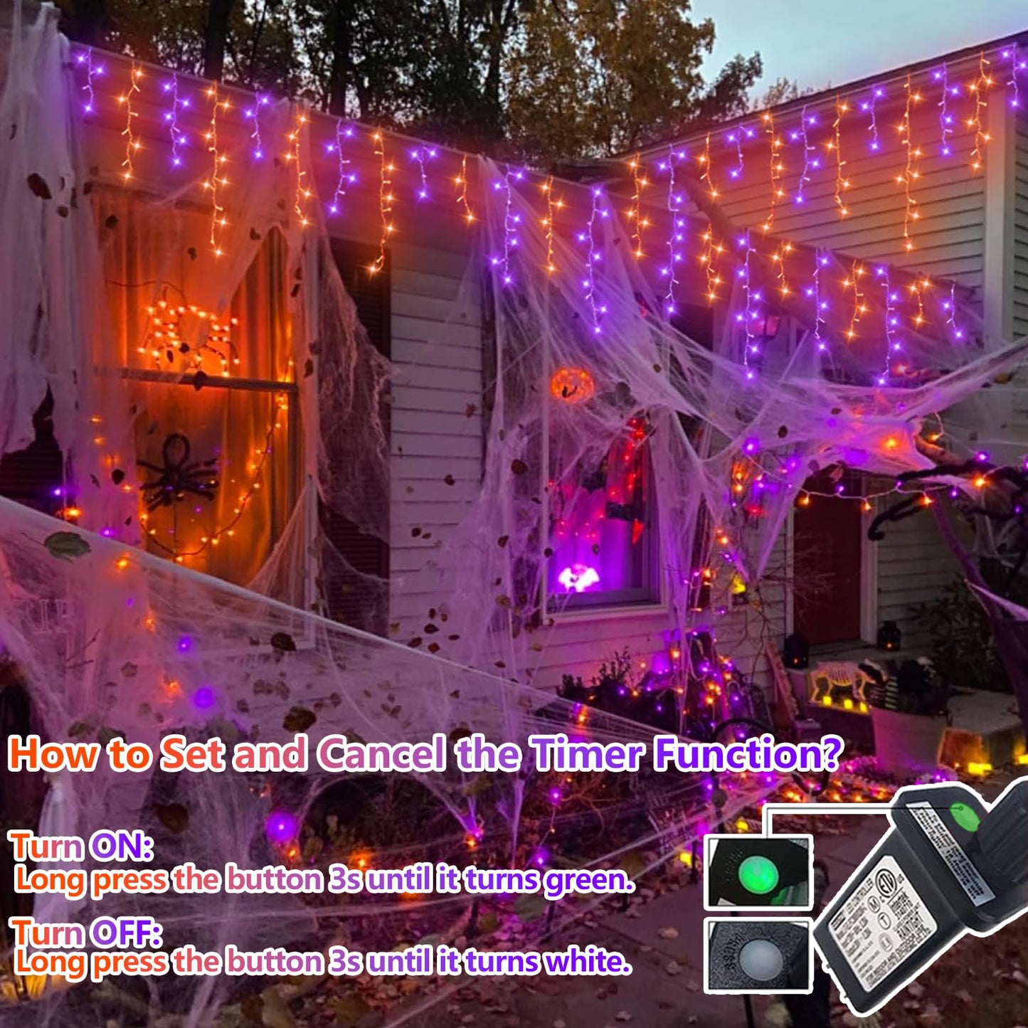 YEGUO Icicle Lights 66ft 800 LED Orange and Purple, 160 Drops, 8 Modes, PVC Material
